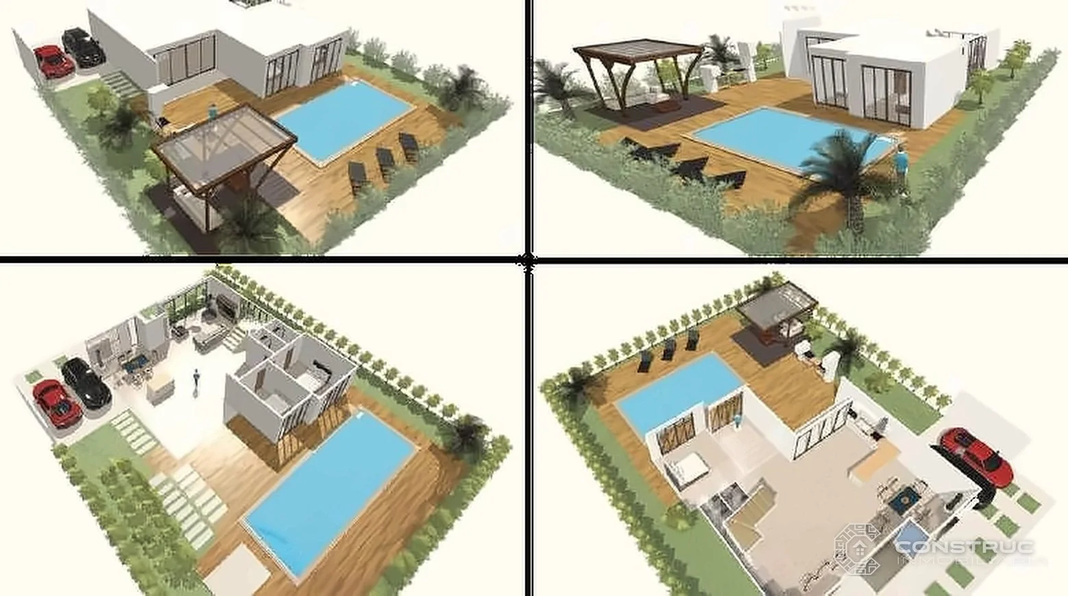 Distribución interna de la casa modelo de 1 y 2 pisos, con piscina